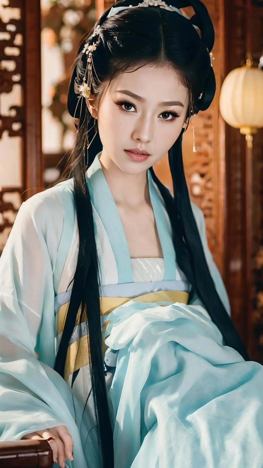 1 fashion model 18 years old [[[[close up]]]], [[[[neck]]]], [[[[Shoulder]]]], (((Complete head)))，(((Complete hairstyle)))，Perfect eyes, Perfect Iris，Perfect lips，Perfect Teeth，Perfect skin，White skin，Soft headlight，High-density imaging，Black long hair，（Clean and delicate face），((Simple black Hanfu))，((Half-length photo))，((night))，((Chinese Lanterns))，((Various dynamic poses))，((The background is the bedroom))，best quality，masterpiece，（Soft colors：1.2）