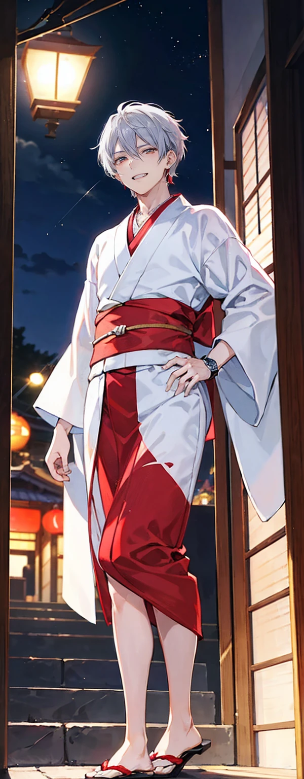 High resolution, High resolution,2D Anime Style,,Cool guy,Mature,,20th generation,Short Wolf Hair,Silver Hair,Red eyes,Beautiful Watches,Beautiful earrings,Beautiful Necklace,Beautiful kimono,He is laughing a little,night,Standing with your legs apart,festival