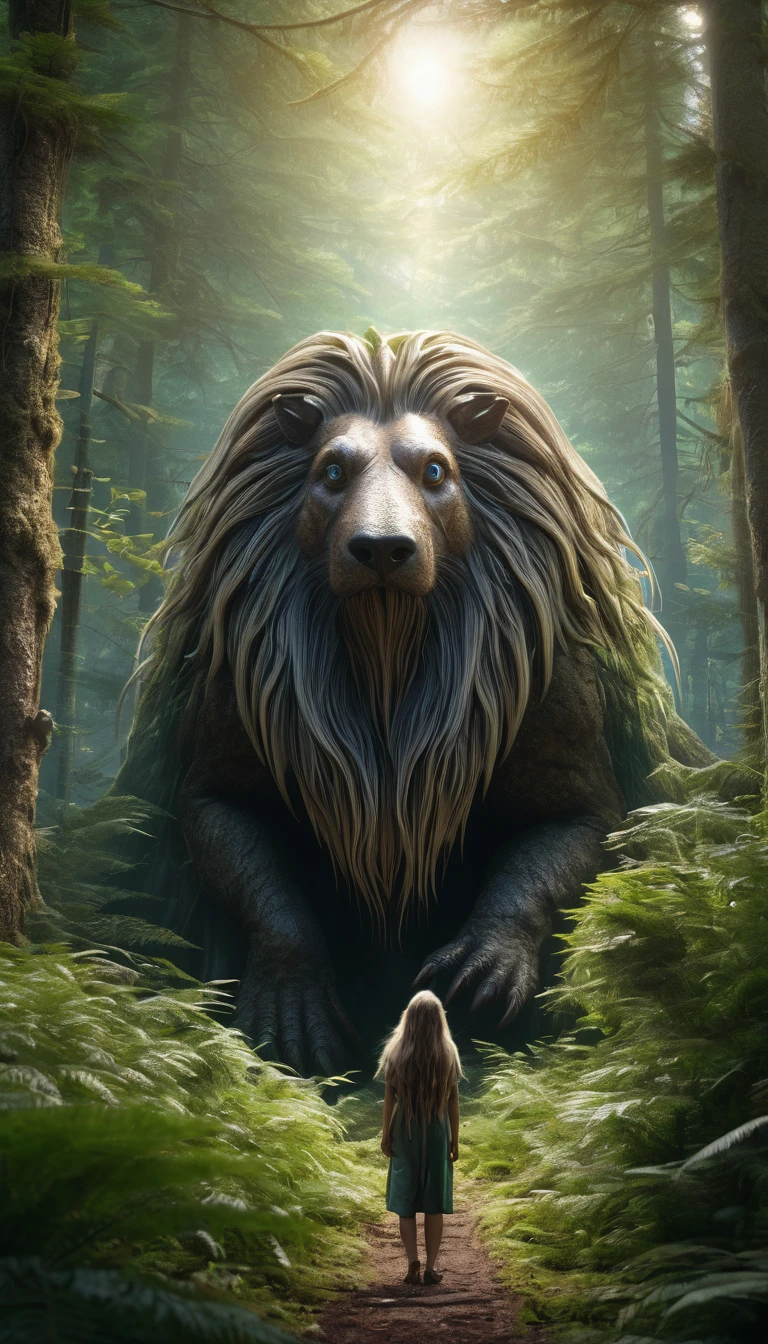 Panoramic front view,There is a creature in the forest,Human-like appearance,Full of long hair(best quality,4K,8K,High level,masterpiece:1.2),Ultra Detailed,(lifelike,Photo real,Photo real:1.37),Highly detailed animals,Complex patterns,Realistic lighting,Fantasy Creatures