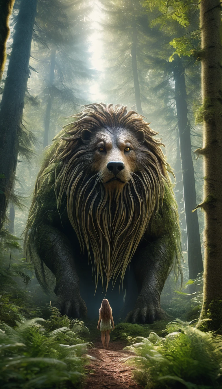 Panoramic front view,There is a creature in the forest,Human-like appearance,Full of long hair(best quality,4K,8K,High level,masterpiece:1.2),Ultra Detailed,(lifelike,Photo real,Photo real:1.37),Highly detailed animals,Complex patterns,Realistic lighting,Fantasy Creatures