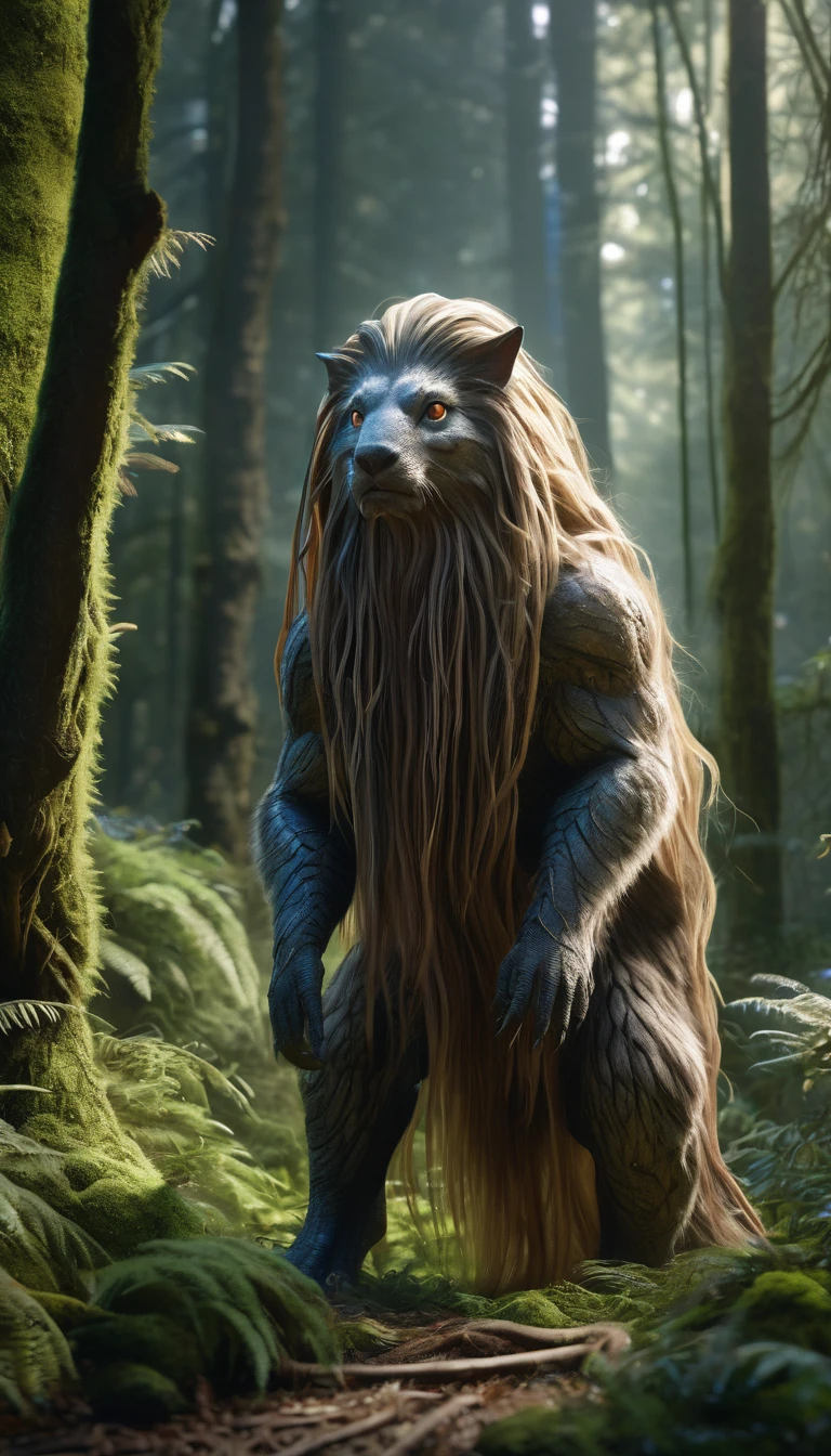 Panoramic front view，There is a creature in the forest，Human-like appearance，Full of long hair（best quality，4K，8K，High level，masterpiece：1.2），Ultra Detailed，（lifelike，Photo real，Photo real：1.37），Highly detailed animals，Complex patterns，Realistic lighting，Fantasy Creatures