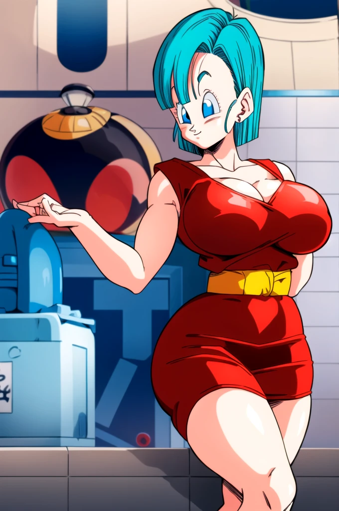 ultra detailed, masterpiece, best quality, solo, soft smile, light smile, Bulma, Dragon Ball,
1girl, blue eyes, aqua hair, short hair, sexy red dress, big breast, big ass, neck red moño,  confused face expresion, sin imperfecciones, dibujo perfecto, only girl, alone, pañuelo amarillo,