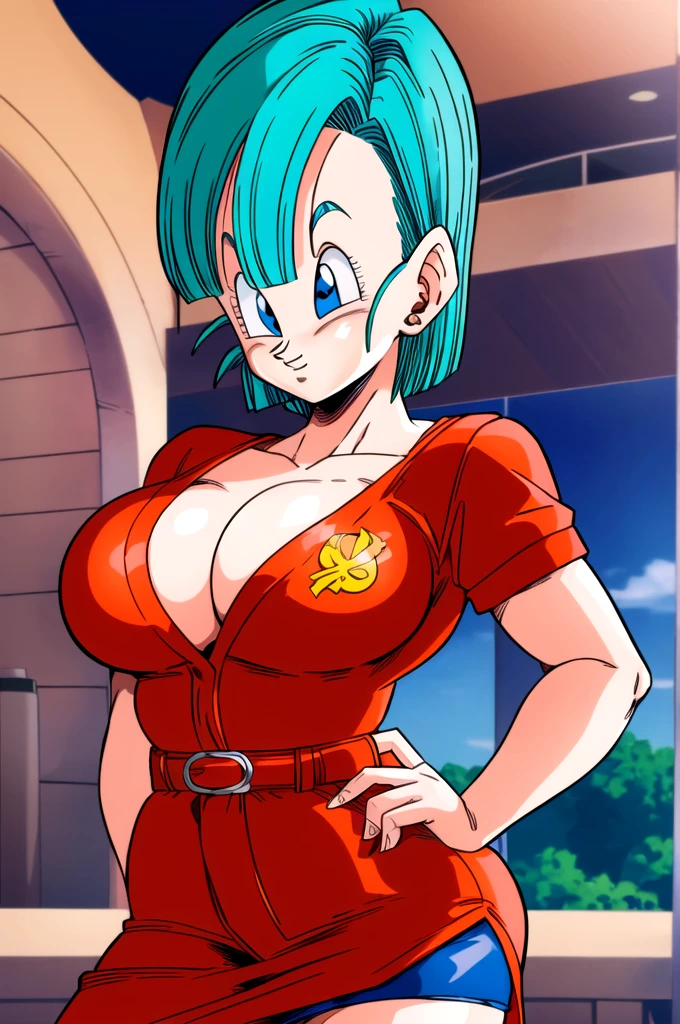 ultra detailed, masterpiece, best quality, solo, soft smile, light smile, Bulma, Dragon Ball,
1girl, blue eyes, aqua hair, short hair, sexy red dress, big breast, big ass, neck red moño,  confused face expresion, sin imperfecciones, dibujo perfecto, only girl, alone, pañuelo amarillo,