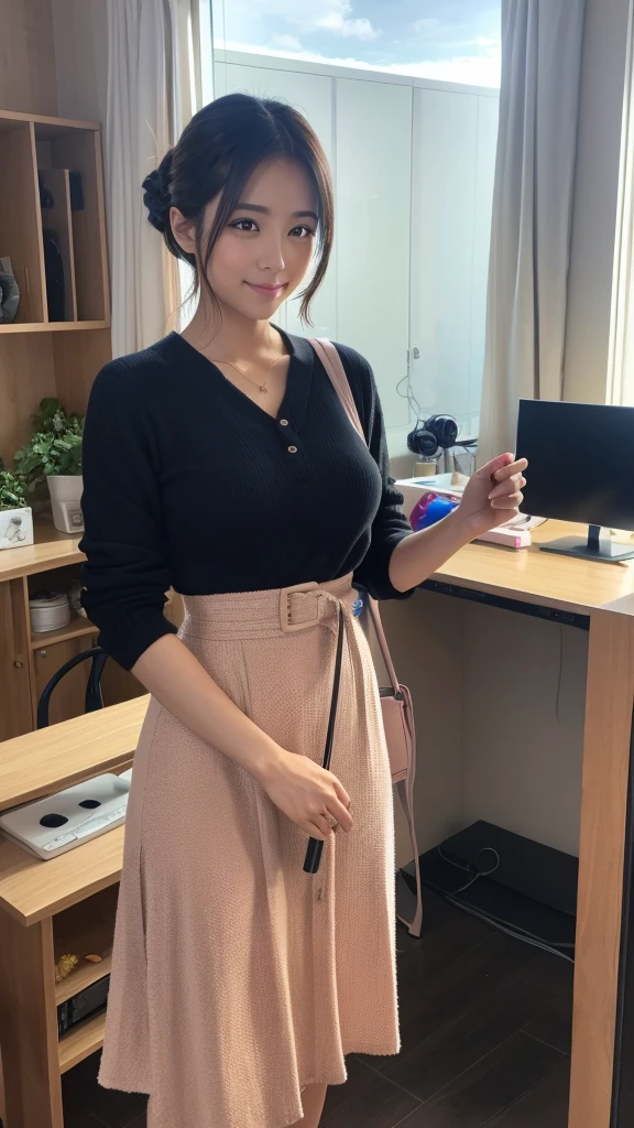 (Japanese cute girl), in a bedroom, sexy 18 yo girl, slender body, thin breasts, skirt, blouse, slender thighs, fashionable hair styles, laughing,
