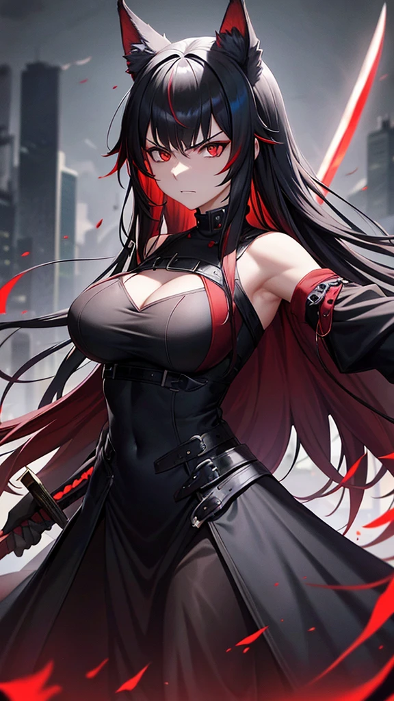 An adult woman, half wolf, black and red ears, ears down, red eyes, black and red hair, wide breasts, white dress, very angry, holding a sword