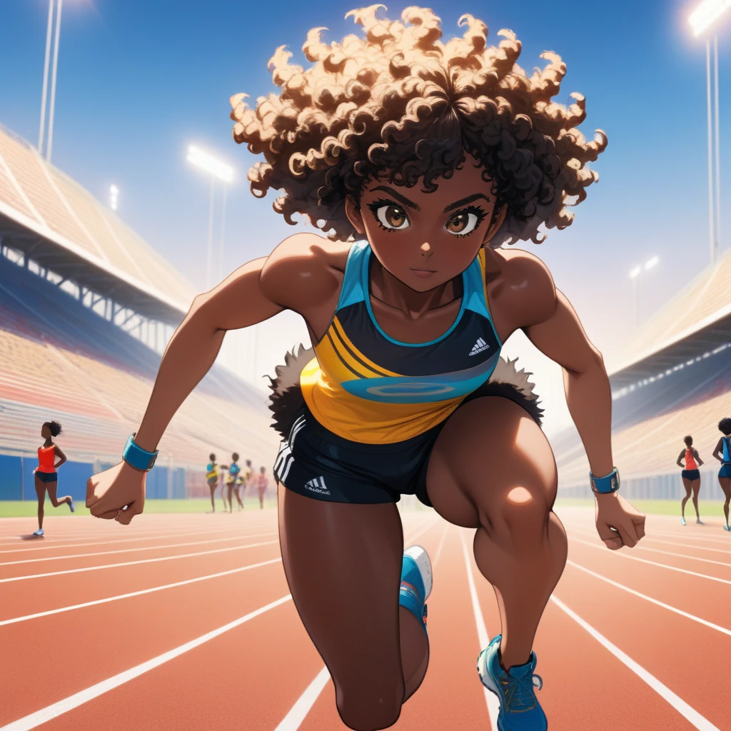 (Masterpiece, Best Quality, extremely detailed, vivid colors:1.3), Female athlete dressed in top and sports shorts in starting position preparing to run, 1chica, Alone, black skin, Curly hair, black fur, short hair, Slim and toned body, starting position, anime screencap, cowboy shot, the background is an athletics track