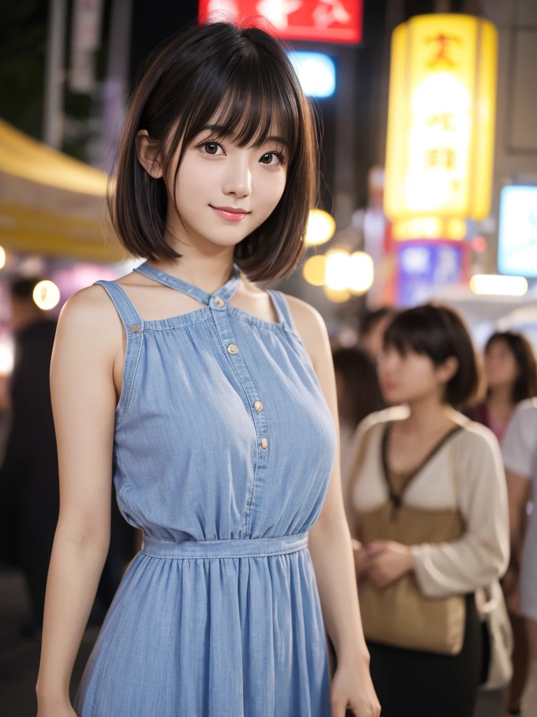 Image quality:best quality
Camera Focus: blur background
light:Side light
composition:Composition of thirds、Sideways orientation and eye view of the camera
person:20 years old woman,Japanese,actress
pose: looking at viewer
background: festival、night
hairdo: Short Bob、With bangs
Dress:casual
facial expression: happy
