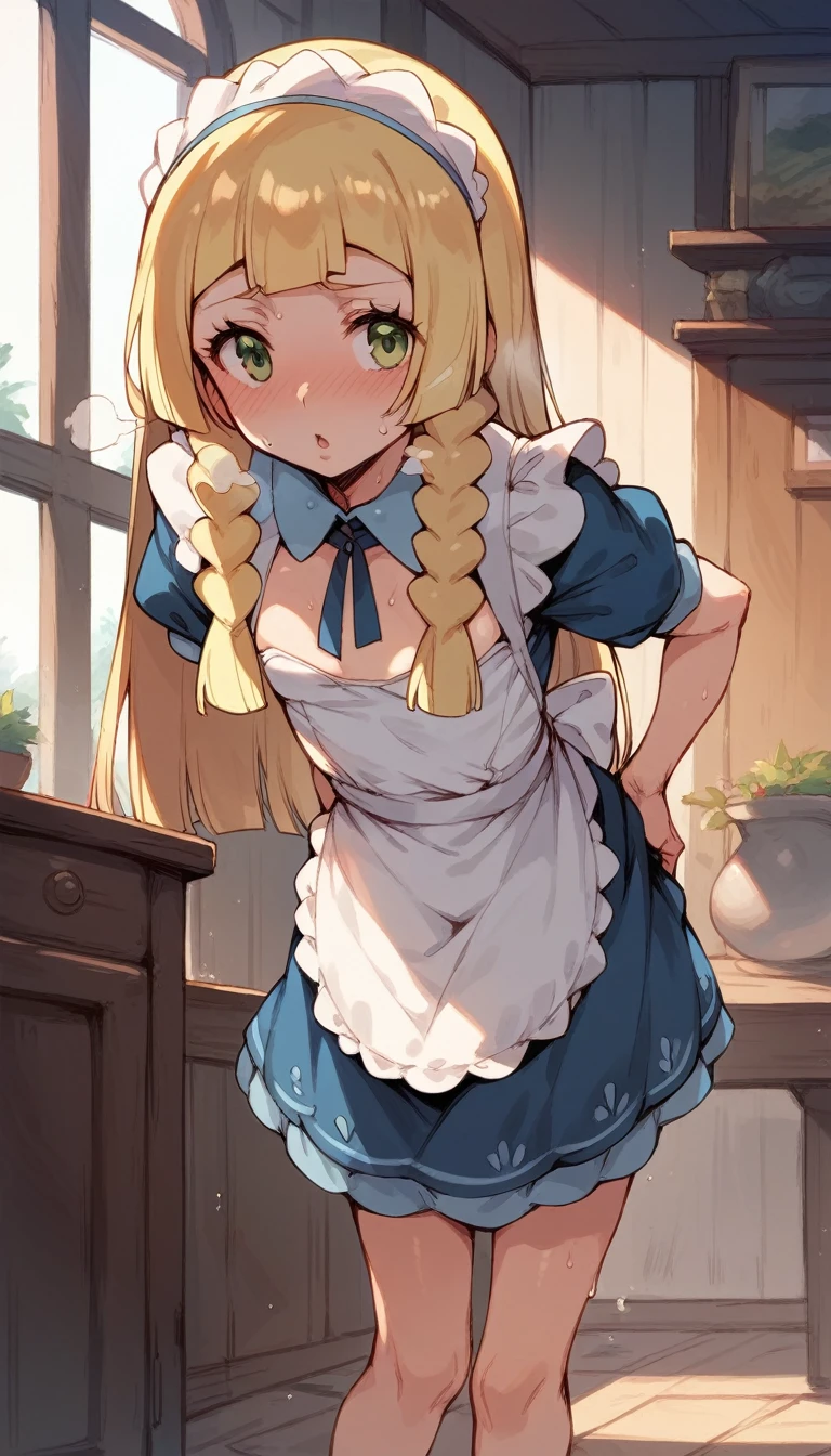 nsfw,1 person,Sweat,White Breath,solo,,Pokémon,Lillie,Groin bulge,Maid clothes,Valley visible,Leaning forward,room,Small breasts