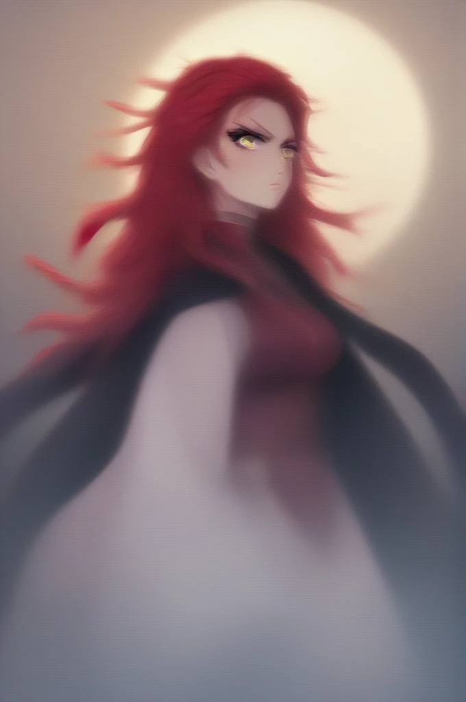 a pale hashira with medium red hair, with colorful eyes and a moon haori, with a serious expression, with the features of the demon slayer anime