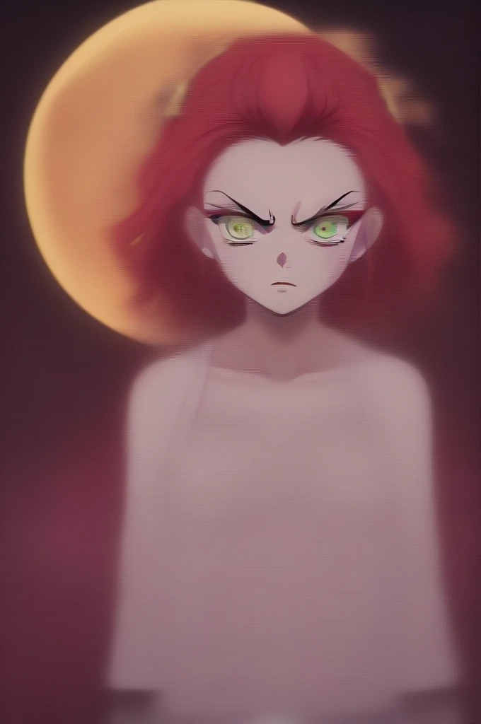 a pale hashira with medium red hair, with colorful eyes and a moon haori, with a serious expression, with the features of the demon slayer anime