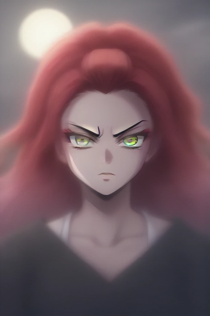 a pale hashira with medium red hair, with colorful eyes and a moon haori, with a serious expression, with the features of the demon slayer anime