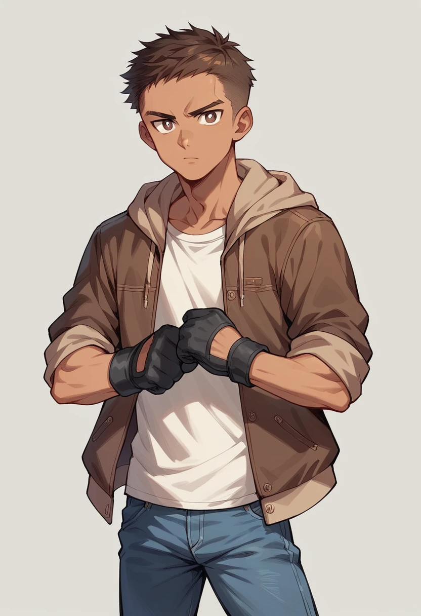  Human Male  adult, clear  skin , Brown fade haircut, Dark pupils, wearing hoodie,wearing Pants , wearing Denim Jacket , wearing fighting gloves , manga Style ,solo