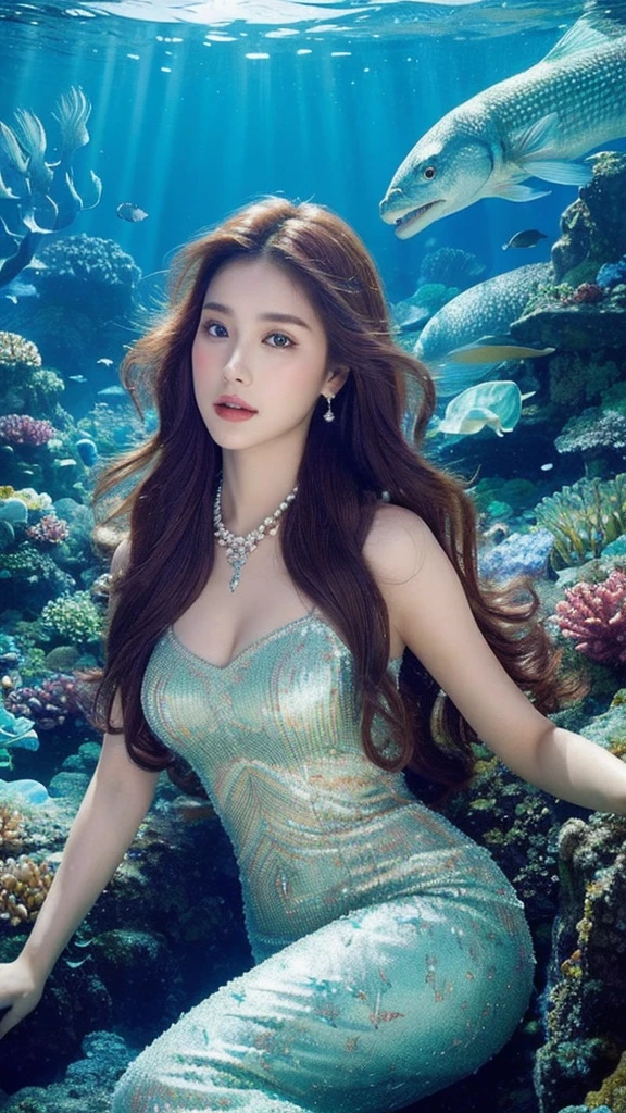 (lifelike, high resolution:1.3), close up,A siren in a sapphire-hued mermaid tail, riding the back of a colossal sea serpent, gliding through the crystal-clear waters of an undersea kingdom. Her hair flows like seaweed, adorned with pearls, and her eyes sparkle with the secrets of the deep. A necklace of coral and shells drapes around her neck, complementing the scales of her tail. The surrounding marine life forms a vibrant backdrop, creating an aquatic symphony of beauty and allure.
