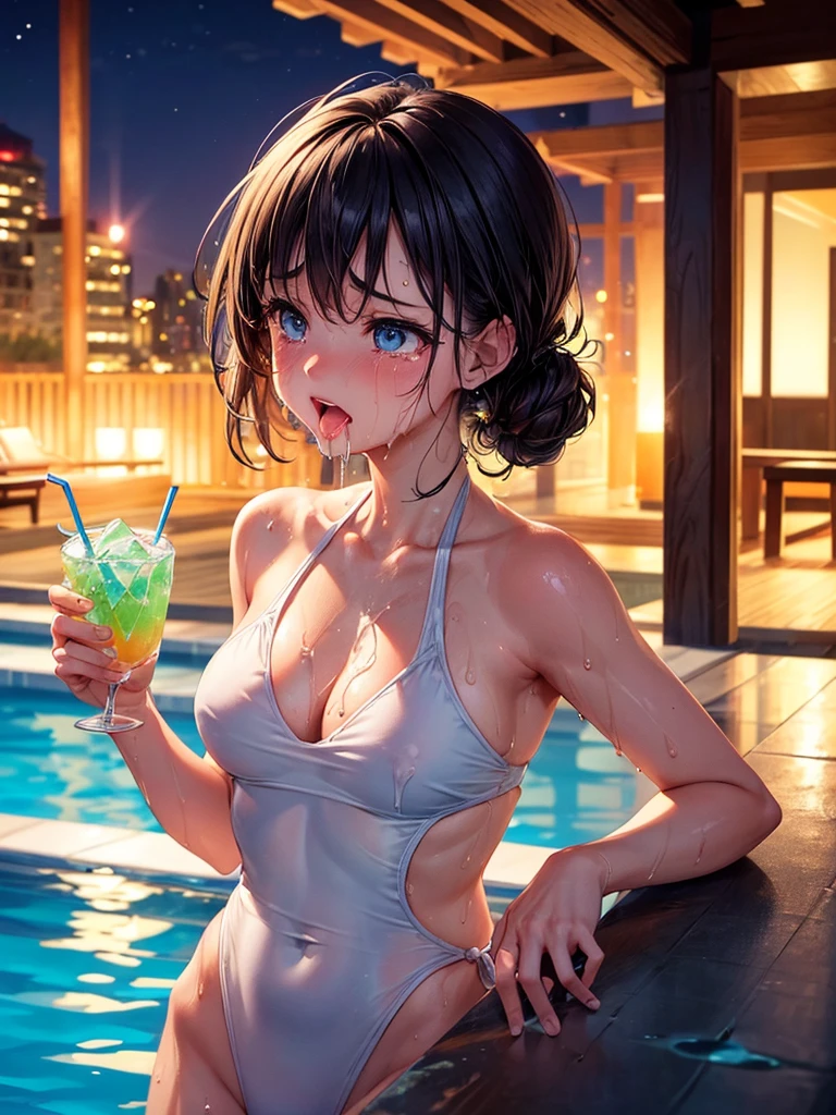 Highest quality,Highest Resolution,A crying beauty in a super high-cut swimsuit,Night Pool,Night view,whole body,up,Very beautiful eyes,(((Drink a drink))),(((Open your mouth and drool))),(((Sweat profusely)))Tears,Tback,
