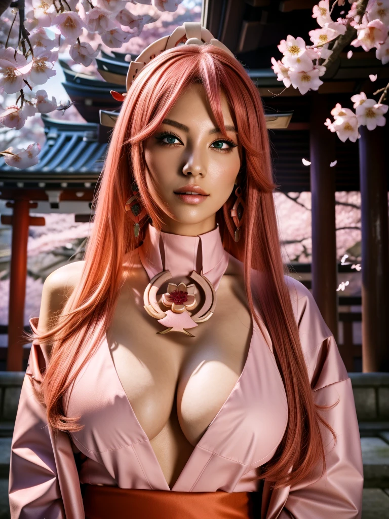 (Masterpiece, Excellent, 1girl, solo, complex details, color difference), realism, ((Large breasts)), large breasts, hourglass figure, sexy, Yae Miko, long pink hair, red headdress, red highlight, hair above one eye, green eyes, earrings, sharp eyes, perfectly symmetrical figure, choker, neon shirt, open jacket, turtleneck sweater, against the wall, brick wall, graffiti, dim lighting, alley, looking at the audience, ((mean, seductive, charming)), ((cherry blossom background ))),((Japanese temple background)))), (((Glow-in-the-dark background)))
