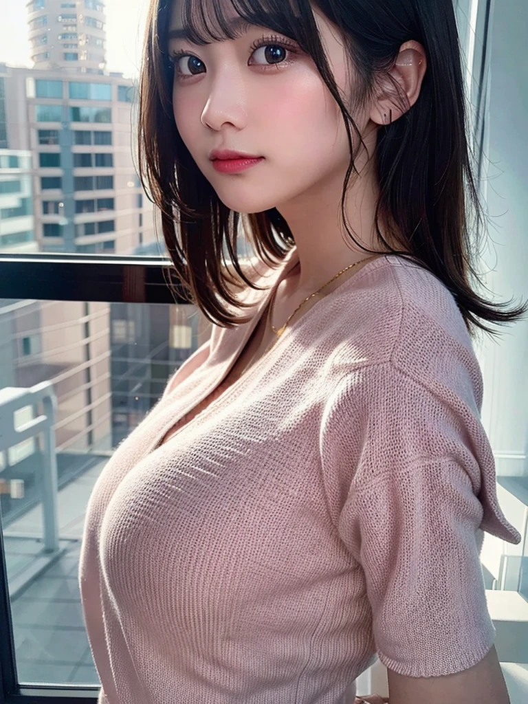 (8K, RAW photo:1.2)detailed face and eyes,highest quality, ultra high resolution, very detailed ,intricate details ,pieces fly ,pretty girl, soft light like a movie, hyper detail,sharp focus on breasts, （beautiful black hair）, （bob cut）, （cleavage is visible）,（pink cardigan）、(denim itting）（spread your legs a little）（random pose）