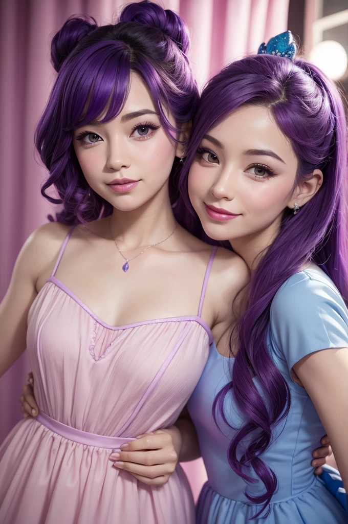 playfully disney pixa style,one with purple skin, purple hair and a pink dress