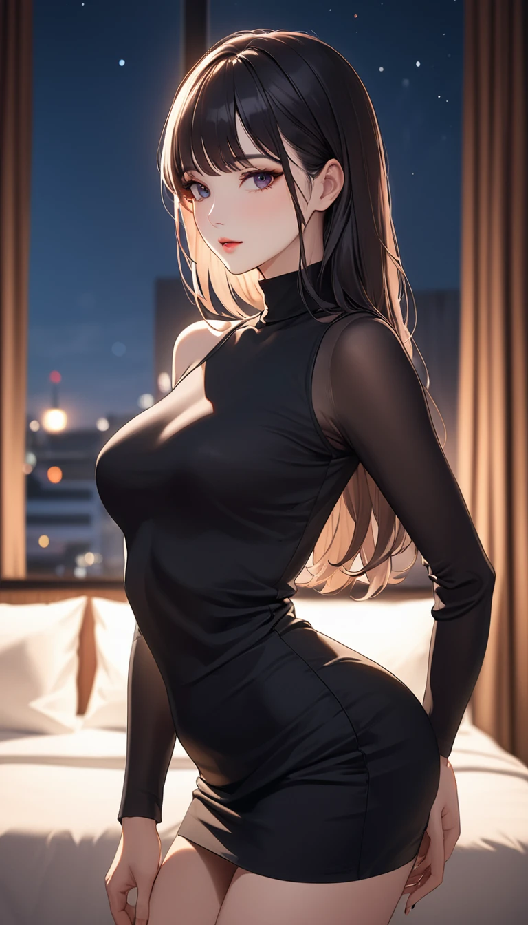masterpiece, high resolution, beautiful woman, Korean Beauty, 30 years old, black sleeve less sweater, mini pencil skirt, beautiful woman, night hotel, standing and looking at me, high resolution face, (high resolution eyes), black hair, white skin