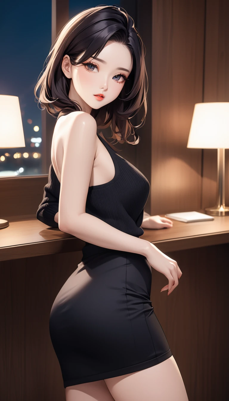 masterpiece, high resolution, beautiful woman, Korean Beauty, 30 years old, black sleeve less sweater, mini pencil skirt, beautiful woman, night hotel, standing and looking at me, high resolution face, (high resolution eyes), black hair, white skin