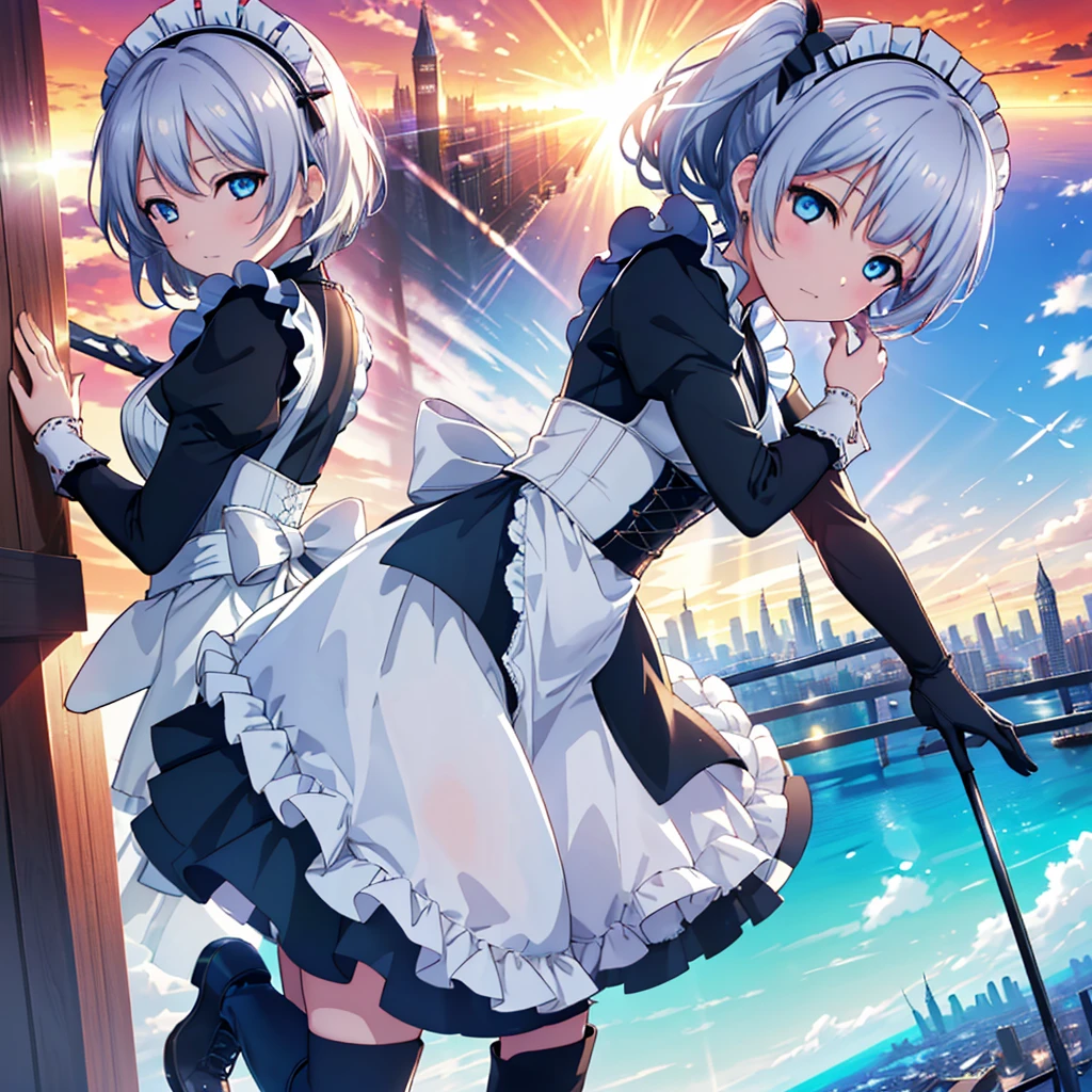 Dengeki Bunko, Woman Looking Back, Perfect Human Medicine, {{{{{Maid clothes}}}}},Small Tits,anime, Two legs, Cool,{{{{{50 year old woman}}}}} ,{{{{{a person is depicted}}}}},(Official Art、{{{{{Upper Bodyアングル}}}}},Highest quality、Unity 8k wallpaper、32k、masterpiece、Ultra-detailed、Ultra-high resolution, Realistic、Grab your hair with your hands, Photorealistic:1.2)、(Cinema Lighting:1.2)、,Fire Glow Effect、The most grainy shadows on the film、Rim Light、Side light、Side Shot、(Ultra-detailedで複雑な3Dレンダリング)、Very short hair, Short wolf hair,細部までBeautiful Faceと目、Sharp pupils、Realistic生徒、Slender、white maid hat, Highly detailed background、Beautiful Face、Beautiful 16 year old girl、(Ultra-detailedなスキン、Detailed skin texture:1.Silver Hair:1.3)、Blunt bangs、blue eyes、{{{{{黒いMaid clothes}}}}}、White apron costume、Black knee socks、(Thighs Thighs Thighs Thighs:0.8)、Black Bhutanese sticks and a beautiful sunset、Medieval castle、Dancing on the Tower Roof、(avert your eyes、Overlooking the city:1.3)、Fantastic、Close your mouth and bite, Makes your face smaller, (Tabletop), Highest quality, Perfect Face, 1 Girl, alone, Eye color is light blue, Hair between the eyes, Very Short Hair, blue eyes, Silver Hair, Knee-high boots, corset,Black gloves, Long sleeve, Upper Body,