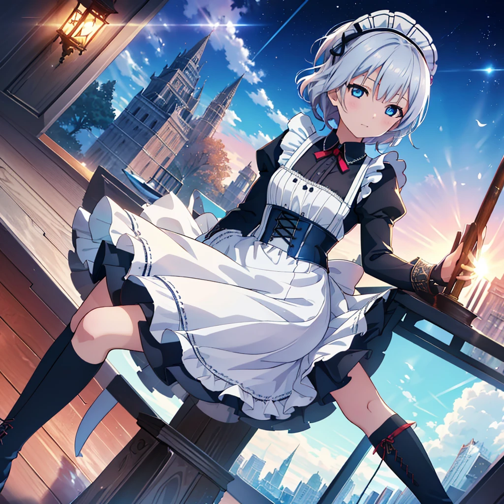 Dengeki Bunko, Woman Looking Back, Perfect Human Medicine, {{{{{Maid clothes}}}}},Small Tits,anime, Two legs, Cool,{{{{{50 year old woman}}}}} ,{{{{{a person is depicted}}}}},(Official Art、{{{{{Upper Bodyアングル}}}}},Highest quality、Unity 8k wallpaper、32k、masterpiece、Ultra-detailed、Ultra-high resolution, Realistic、Grab your hair with your hands, Photorealistic:1.2)、(Cinema Lighting:1.2)、,Fire Glow Effect、The most grainy shadows on the film、Rim Light、Side light、Side Shot、(Ultra-detailedで複雑な3Dレンダリング)、Very short hair, Short wolf hair,細部までBeautiful Faceと目、Sharp pupils、Realistic生徒、Slender、white maid hat, Highly detailed background、Beautiful Face、Beautiful 16 year old girl、(Ultra-detailedなスキン、Detailed skin texture:1.Silver Hair:1.3)、Blunt bangs、blue eyes、{{{{{黒いMaid clothes}}}}}、White apron costume、Black knee socks、(Thighs Thighs Thighs Thighs:0.8)、Black Bhutanese sticks and a beautiful sunset、Medieval castle、Dancing on the Tower Roof、(avert your eyes、Overlooking the city:1.3)、Fantastic、Close your mouth and bite, Makes your face smaller, (Tabletop), Highest quality, Perfect Face, 1 Girl, alone, Eye color is light blue, Hair between the eyes, Very Short Hair, blue eyes, Silver Hair, Knee-high boots, corset,Black gloves, Long sleeve, Upper Body,