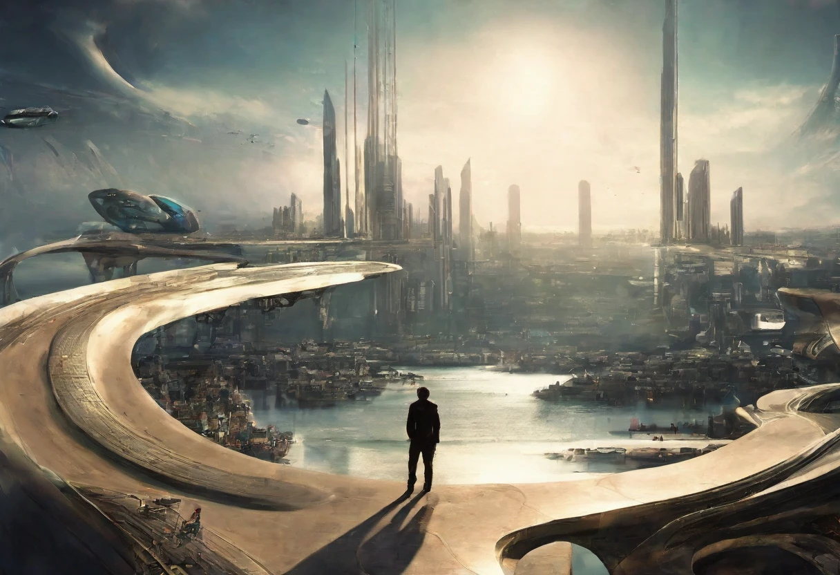 man overlooking a futuristic sci-fi city following the long curve of a sandy bay with futuristic piers stretching out into the water