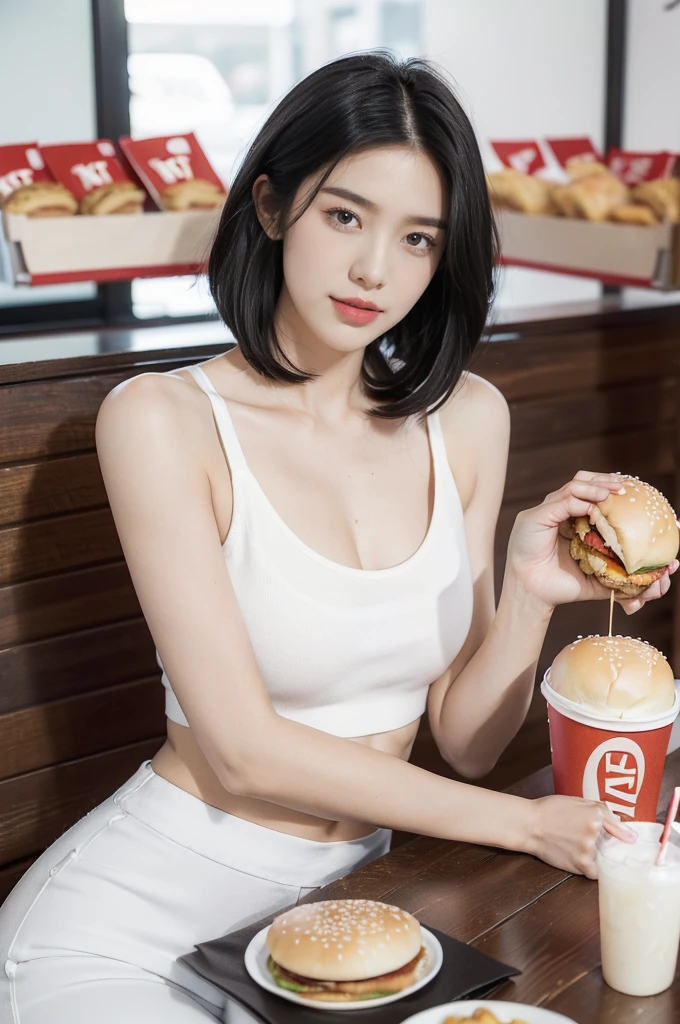 (((best quality))),(((ultra detailed))),(((masterpiece))),illustration,((1girl,solo)),(straight black bob hair:1.2),((slim,thin)),((small breasts,flat chest)),sitting,(in KFC:1.3), (burgers and drink on the table:1.2),((white strap tank top, white pants)), clean, fresh, bright face, sparkling eyes, rosy cheeks, beautiful smile, white teeth, neatly combed hair,sexiness,visible, natural, carefree, high-waisted, slender waist, taller, bustling restaurant, other customers, enjoying meals, chatting, bright lighting, warm atmosphere, joy, relaxation, cute appearance, carefree attitude, visually appealing, heartwarming,((upper body,from front))