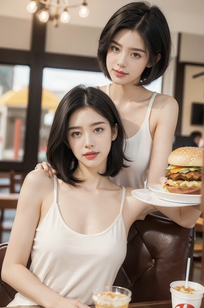 (((best quality))),(((ultra detailed))),(((masterpiece))),illustration,((1girl,solo)),(straight black bob hair:1.2),((slim,thin)),((small breasts,flat chest)),sitting,(in KFC:1.3), (burgers and drink on the table:1.2),((white strap tank top, white pants)), clean, fresh, bright face, sparkling eyes, rosy cheeks, beautiful smile, white teeth, neatly combed hair,sexiness,visible, natural, carefree, high-waisted, slender waist, taller, bustling restaurant, other customers, enjoying meals, chatting, bright lighting, warm atmosphere, joy, relaxation, cute appearance, carefree attitude, visually appealing, heartwarming,((upper body,from front))