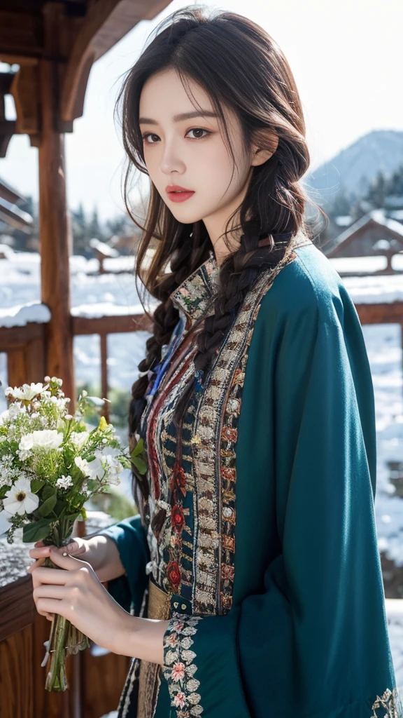 (8K,best quality,masterpiece:1.2),Ultra-high detail,Professional lighting,best quality,Ultra-high resolution,Visually stunning,Character Close-up,Front view,A woman holding flowers,Wearing wide sleeves,Her long hair was gently tied up,Revealing the slender neck,Together with the surrounding snow scenery, it creates a tranquil and mysterious atmosphere,Real human skin,(Perfect body 1.3)Super delicate face。