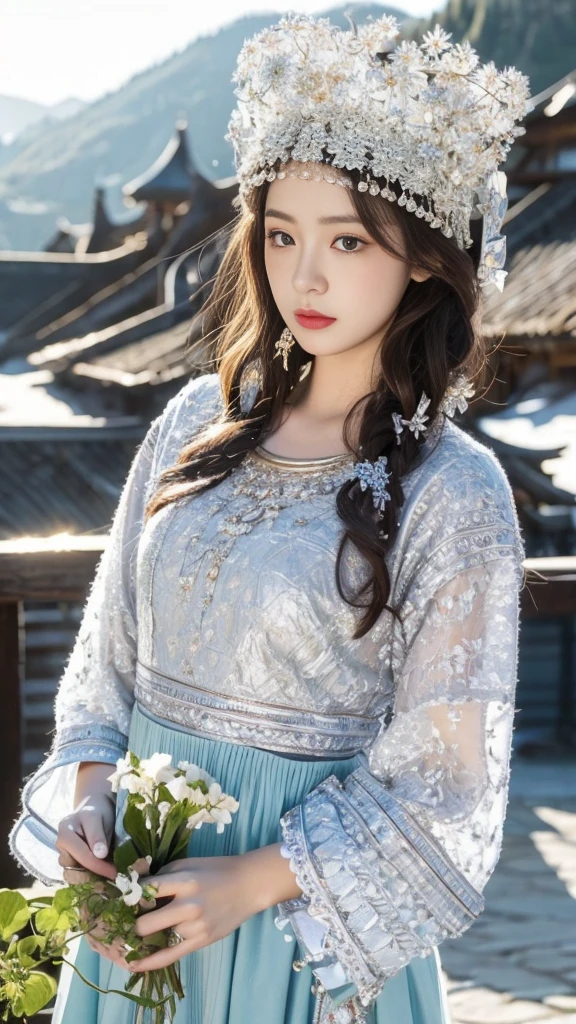 (8K,best quality,masterpiece:1.2),Ultra-high detail,Professional lighting,best quality,Ultra-high resolution,Visually stunning,Character Close-up,Front view,A woman holding flowers,Wearing wide sleeves,Her long hair was gently tied up,Revealing the slender neck,Together with the surrounding snow scenery, it creates a tranquil and mysterious atmosphere,Real human skin,(Perfect body 1.3)Super delicate face。