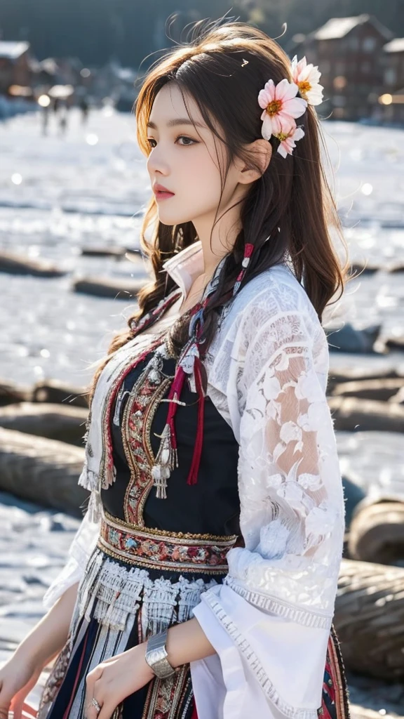 (8K,best quality,masterpiece:1.2),Ultra-high detail,Professional lighting,best quality,Ultra-high resolution,Visually stunning,Character Close-up,Front view,A woman holding flowers,Wearing wide sleeves,Her long hair was gently tied up,Revealing the slender neck,Together with the surrounding snow scenery, it creates a tranquil and mysterious atmosphere,Real human skin,(Perfect body 1.3)Super delicate face。