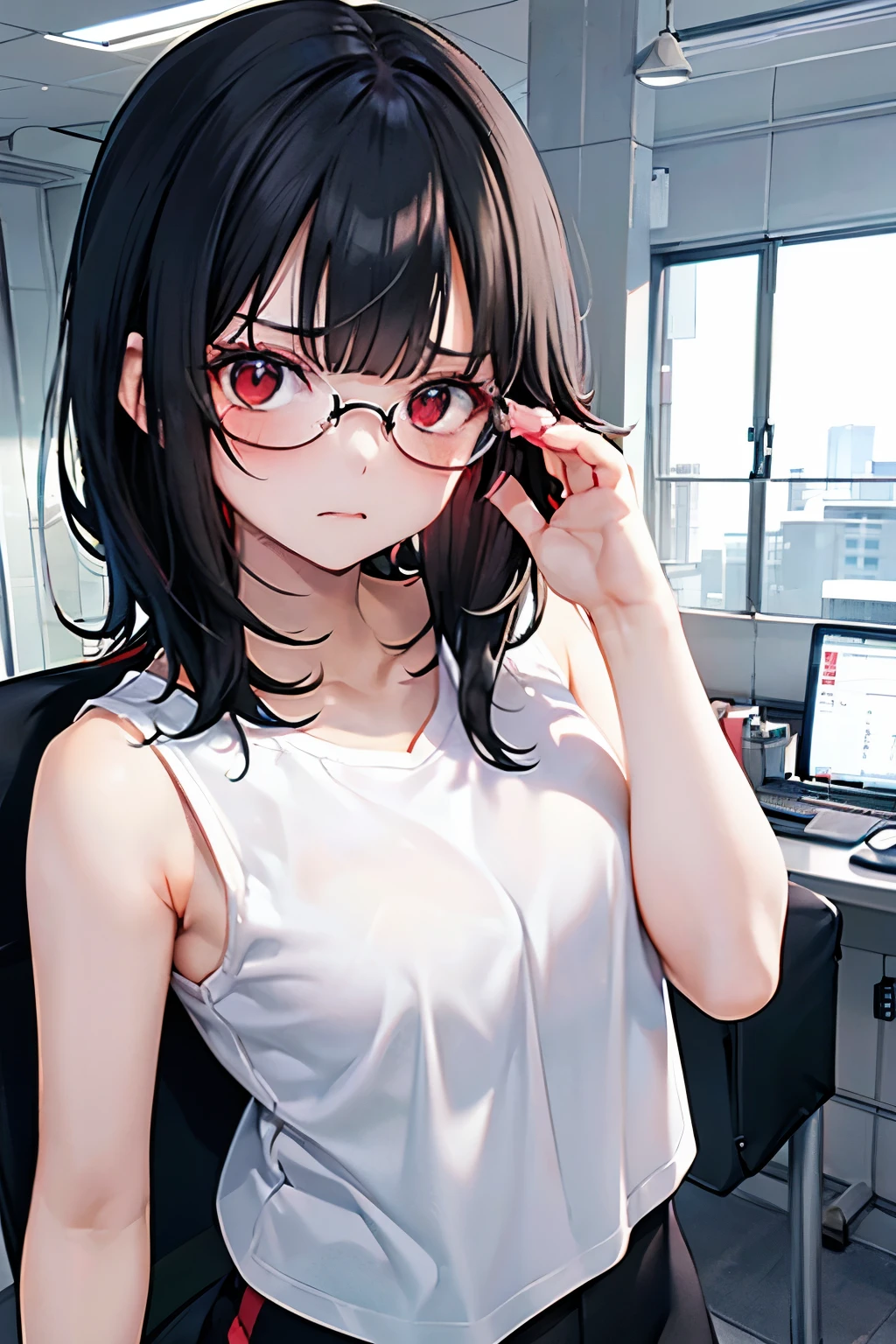 18 year old girl, short black hair, Red eyes, office glasses, He wears a white t-shirt without logos, sleeveless and tight short black pants. (greet kindly)(the environment is an office)