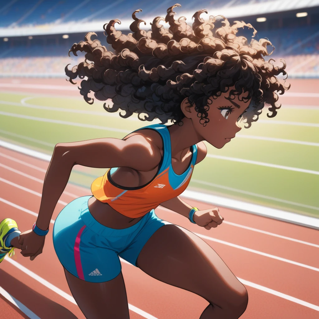 (masterpiece, best quality, extremely detailed, vivid colors:1.3), An athlete dressed in a top and sports shorts in a starting position preparing to run, 1girl, alone, black skin, curly hair, black hair, short hair, slim and toned body, starting position, anime screencap,from side view, the background is a running track