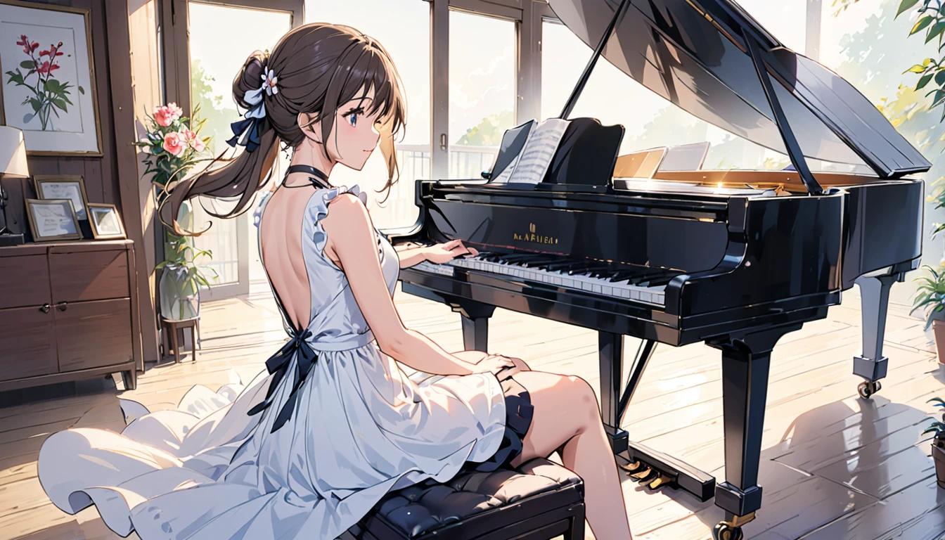 Back view of a beautiful girl playing the piano、girl'The figures and the piano create a perfect harmony..>High quality rendering、Somehow ephemeral atmosphere、Beautiful sunset seen from the window、