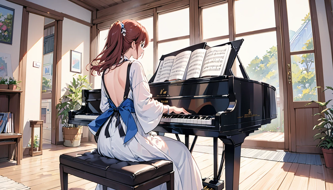 Back view of a beautiful girl playing the piano、girl'The figures and the piano create a perfect harmony..>High quality rendering、Somehow ephemeral atmosphere、Beautiful sunset seen from the window、
