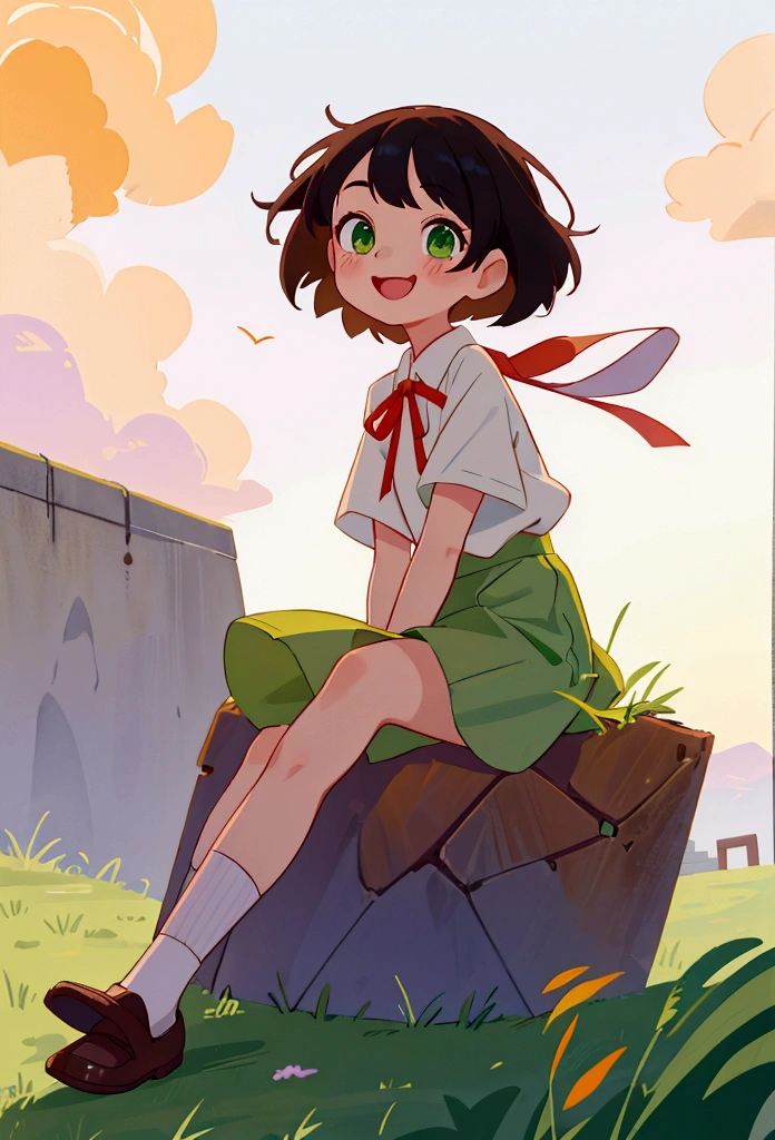One girl, green eyes, looking at camera, small nose, slightly open mouth, smiling, short black hair, hair blowing in the wind, white shirt and green skirt, , white socks, small red ribbon, brown loafers, sitting on concrete embankment, horizon in the background, beautiful evening sky, sky is orange and purple
