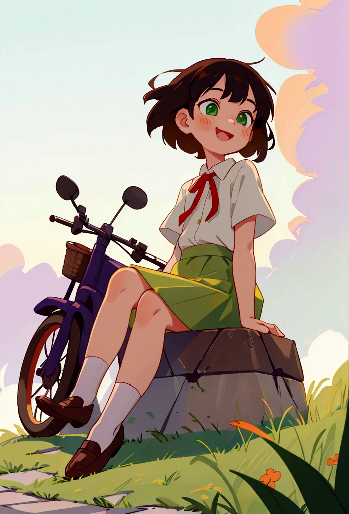 One girl, green eyes, looking at camera, small nose, slightly open mouth, smiling, short black hair, hair blowing in the wind, white shirt and green skirt, , white socks, small red ribbon, brown loafers, sitting on concrete embankment, horizon in the background, beautiful evening sky, sky is orange and purple