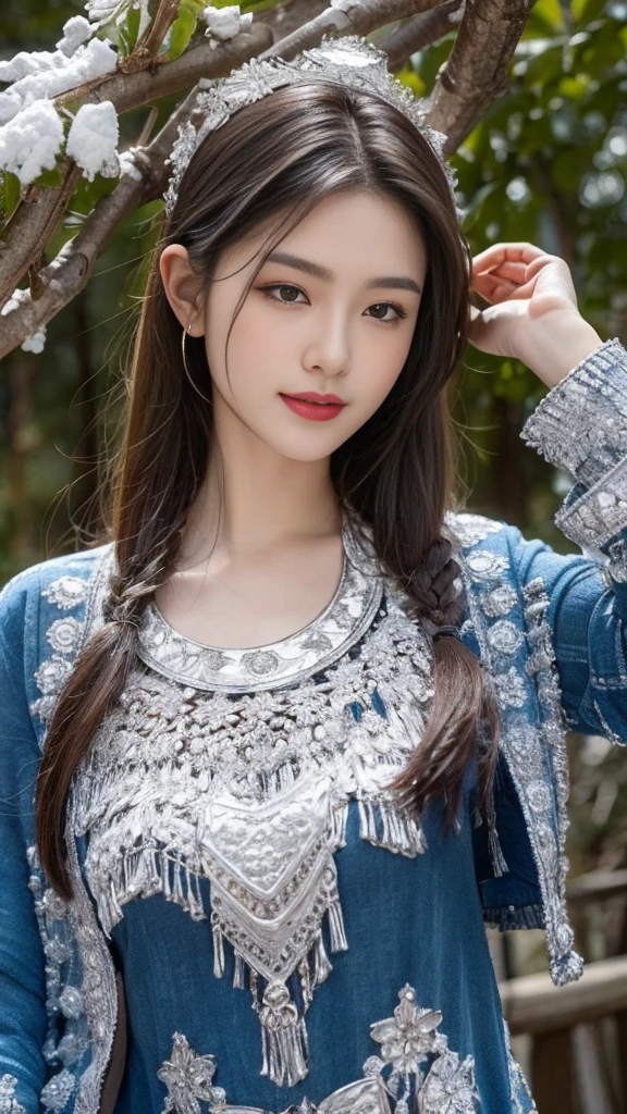 (8K,best quality,masterpiece:1.2),Ultra-high detail,Professional lighting,best quality,Ultra-high resolution,Visually stunning,Character Close-up,Front view,A woman smiling with closed mouth,Her long sleeves swayed gently with her movements,The picture formed by the snowy scenery and dead trees in the background,Showing the unique charm of ancient beauties,Real human skin,(Perfect body 1.3)Super delicate face。