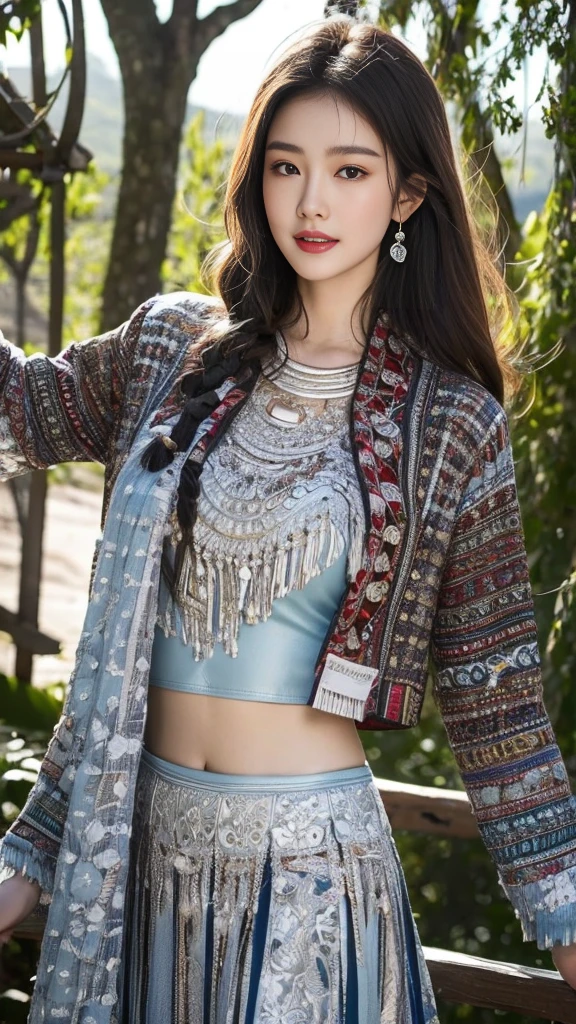 (8K,best quality,masterpiece:1.2),Ultra-high detail,Professional lighting,best quality,Ultra-high resolution,Visually stunning,Character Close-up,Front view,A woman smiling with closed mouth,Her long sleeves swayed gently with her movements,The picture formed by the snowy scenery and dead trees in the background,Showing the unique charm of ancient beauties,Real human skin,(Perfect body 1.3)Super delicate face。