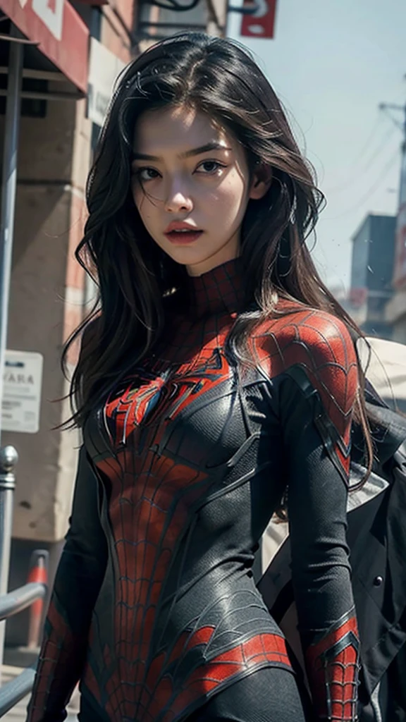 Beautiful woman detailed defined body using spider man cosplay, big breasts