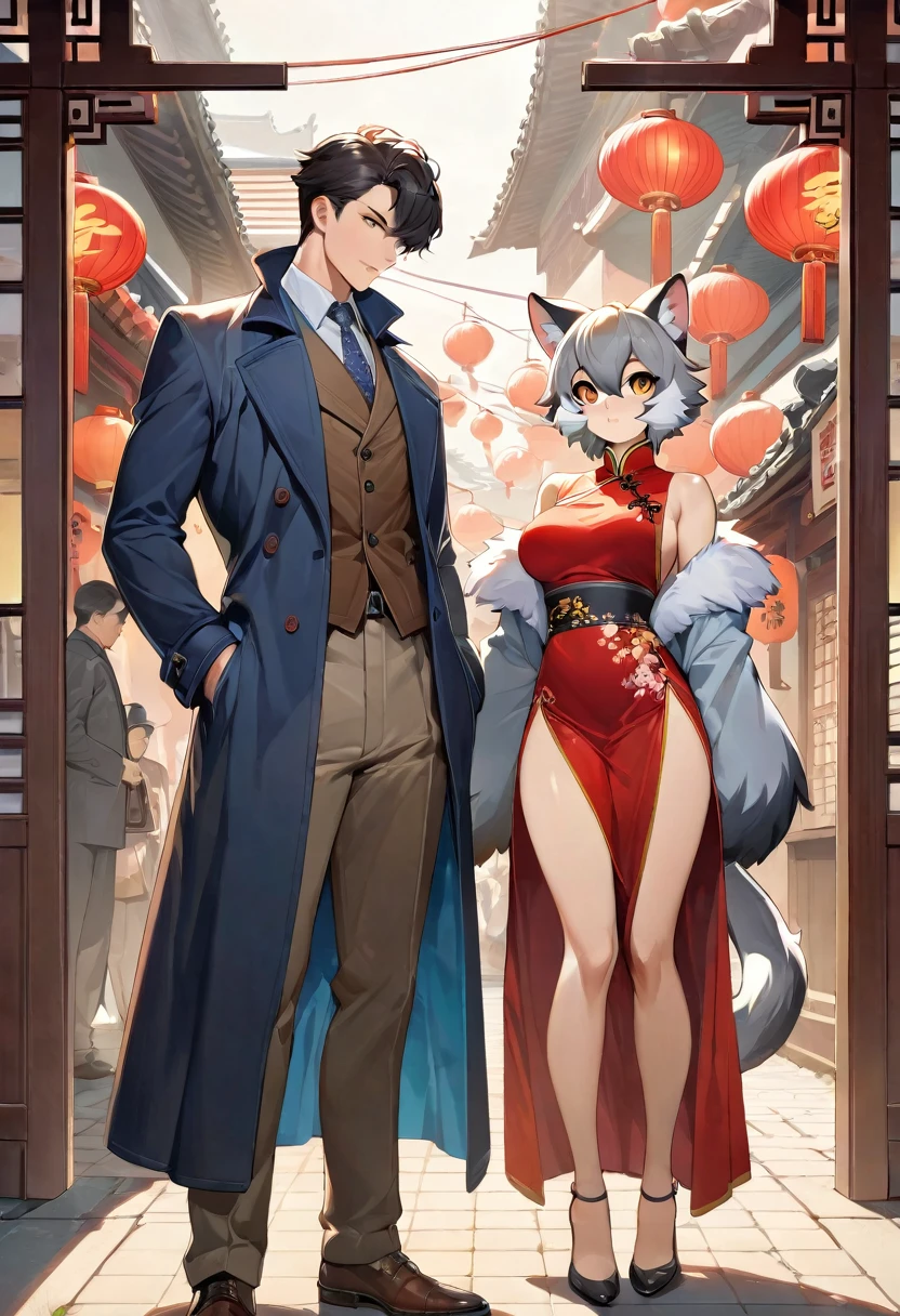 movie poster, highres, top quality, best quality, paid reward available, unparalleled masterpiece, perfect artwork, absurdres, High-quality illustrations, super high resolution, detailed background, perfect anatomy(young male detective and a woman in Chinese dress, furry, kemono, anthro)Crime mystery,