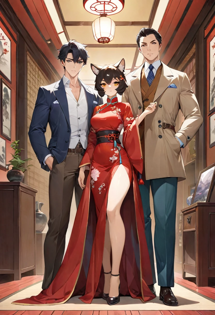 movie poster, highres, top quality, best quality, paid reward available, unparalleled masterpiece, perfect artwork, absurdres, High-quality illustrations, super high resolution, detailed background, perfect anatomy(young male detective and a woman in Chinese dress, furry, kemono, anthro)Crime mystery,