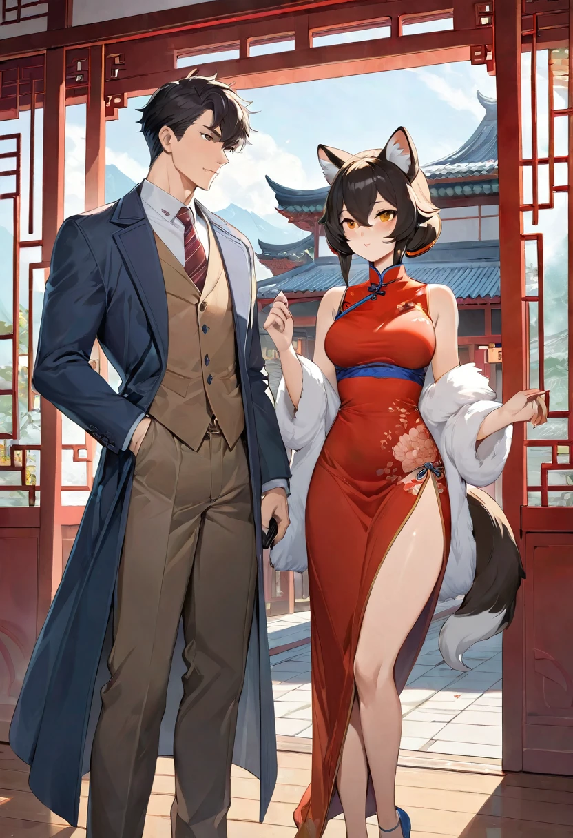 movie poster, highres, top quality, best quality, paid reward available, unparalleled masterpiece, perfect artwork, absurdres, High-quality illustrations, super high resolution, detailed background, perfect anatomy(young male detective and a woman in Chinese dress, furry, kemono, anthro)Crime mystery,