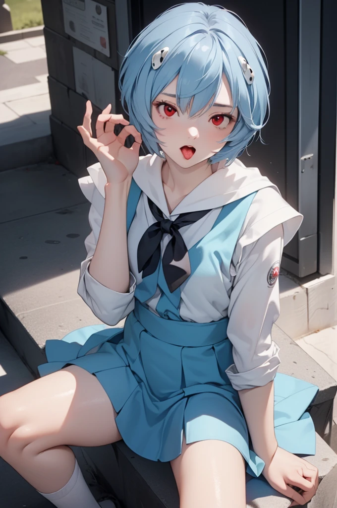 Rayanami, Rei Ayanami, Blue Hair, short hair, (Red eyes:1.5),Small head、
,((Junior High School Uniform)),
break outdoors, city,
break looking at viewer,
break (Tabletop:1.2), Highest quality, High resolution, unity 8k wallpaper, (figure:0.8), (Beautiful attention to detail:1.6), Highly detailed face, Perfect lighting, Highly detailed CG, (Perfect hands, Perfect Anatomy),((Spread your legs:1.3))((sitting on the steps of an abandoned concrete building:1.2)),(Angle from under the skirt)),Wet sexy lips,a lot of saliva ,