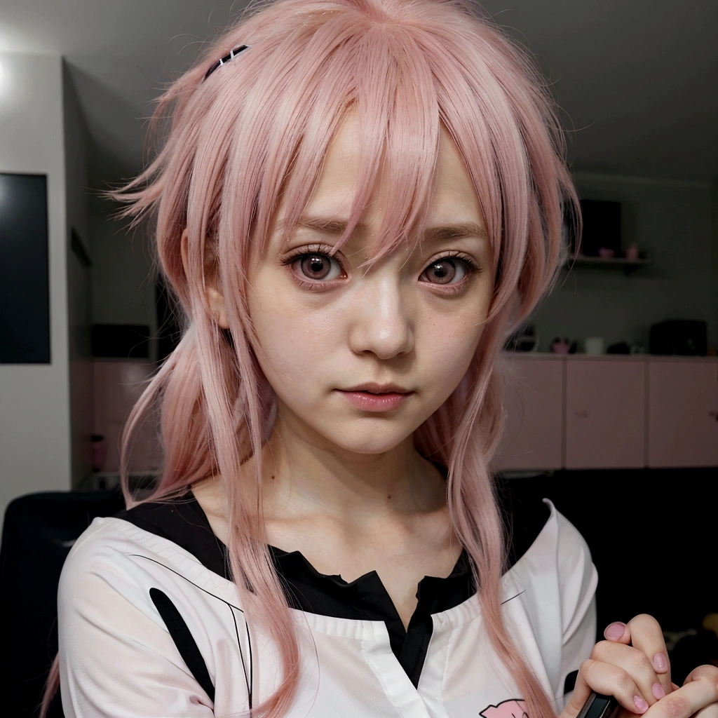 anime girl with pink hair and black and white shirt holding a cell phone, anime visual of a young woman, gasai yuno, gasai yuno, female anime character, anime visual of a cute girl, cel shaded anime, anime character, anime girl named gasai yuno, gapmoe yandere, gasai yuno, as an anime character