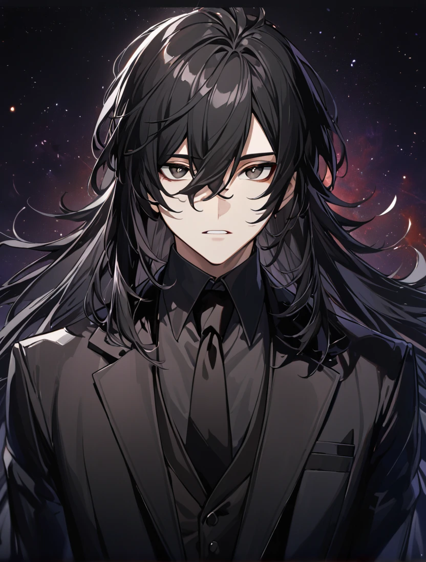 (black_hair), (long_male_hair), (deep_black_eyes), (high_detailed_eyes), (attractive), (emotionless), (Deep_space_background), (male), (wearing _a_black_suit), (long_male_hair), (detailed_Hair), (detailed), (detailed_mouth), (close_up), (vertical_slit_pupils)