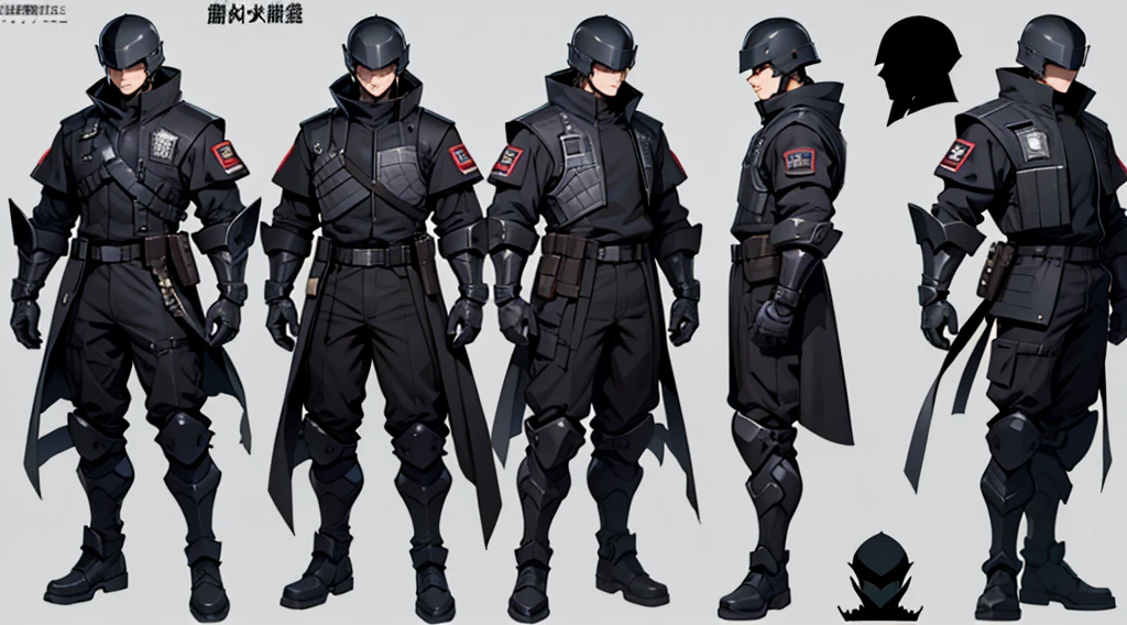 Character design sheet、male、Black combat uniform、Body Armor、Full Face Helmets