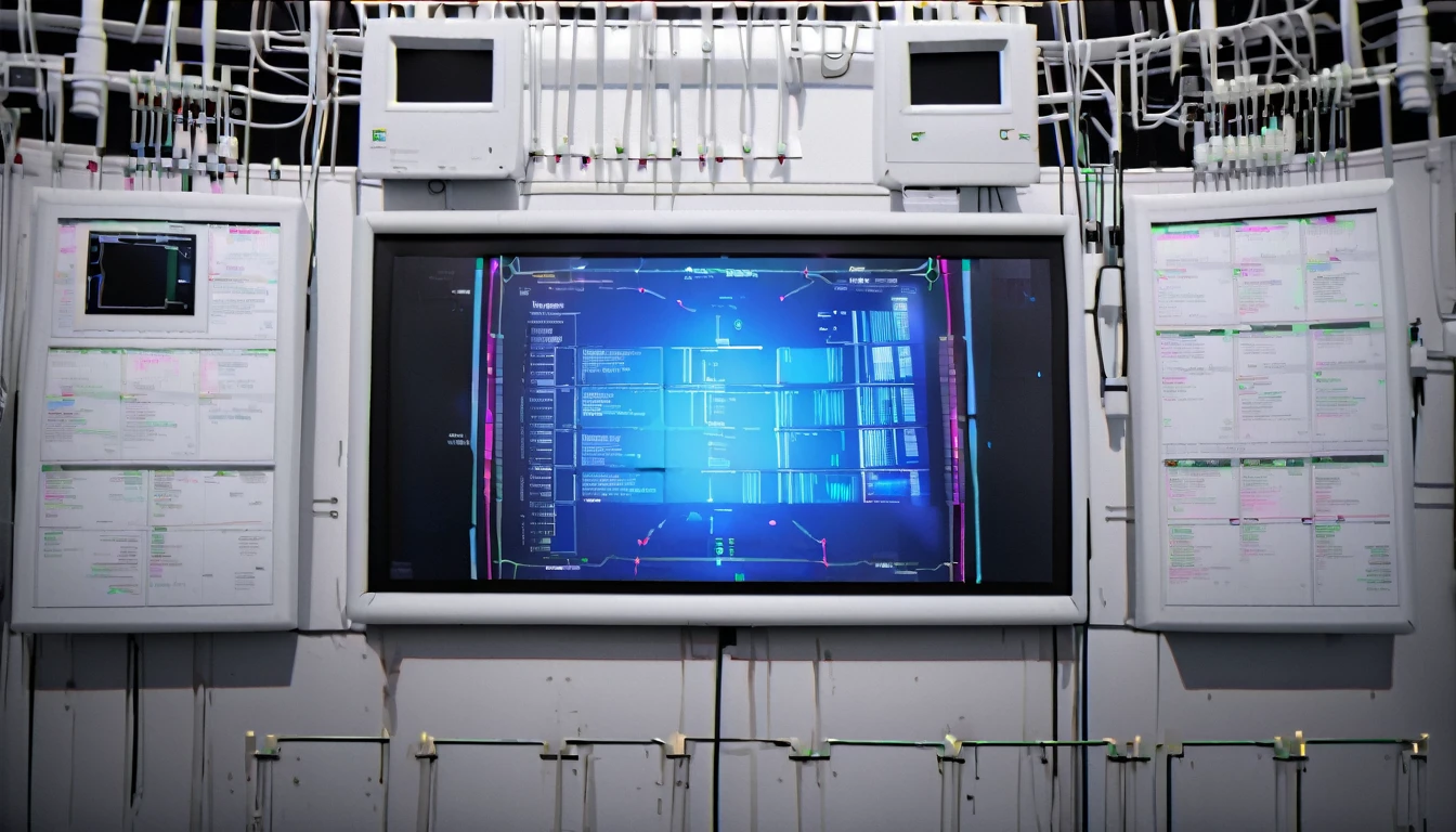 Wall close-up photography, Take a photo straight-on facing the wall. The clinic of the future features giant monitors displaying medical and chemical data.。Bright spot with white walls, Scientific research, The camera is parallel