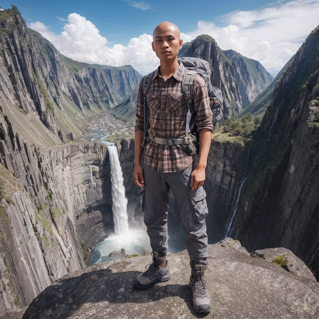 very clear and very detailed, long high distance view scene, high angle shots and fisheye efect. an indonesian young man, thin, bald headed, wear plaid shirt, gray tactical pants, montaint shoes, a backpack for climber, standing proudly at the highest peak. waterfall and the rock cliffs are high steep and seem very extreem, blue sky as background.