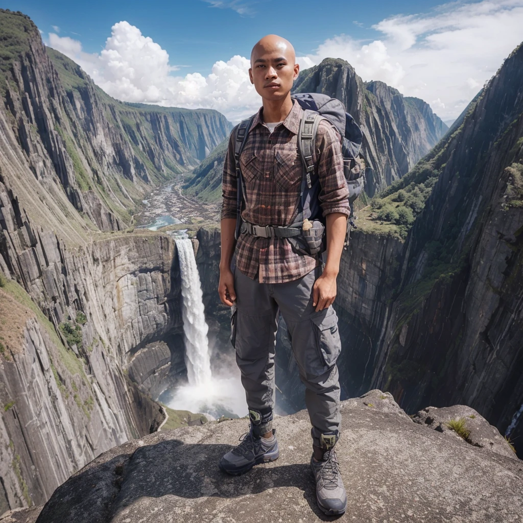 very clear and very detailed, long high distance view scene, high angle shots and fisheye efect. an indonesian young man, thin, bald headed, wear plaid shirt, gray tactical pants, montaint shoes, a backpack for climber, standing proudly at the highest peak. waterfall and the rock cliffs are high steep and seem very extreem, blue sky as background.